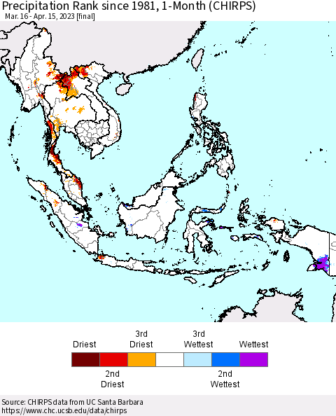 South East Asia Precipitation Rank since 1981, 1-Month (CHIRPS) Thematic Map For 3/16/2023 - 4/15/2023
