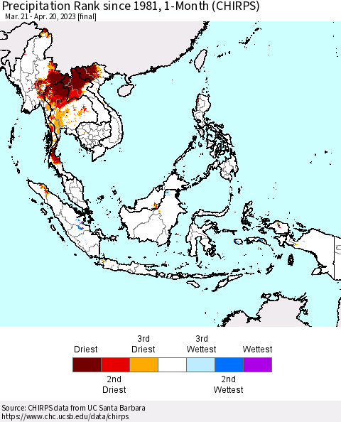 South East Asia Precipitation Rank since 1981, 1-Month (CHIRPS) Thematic Map For 3/21/2023 - 4/20/2023