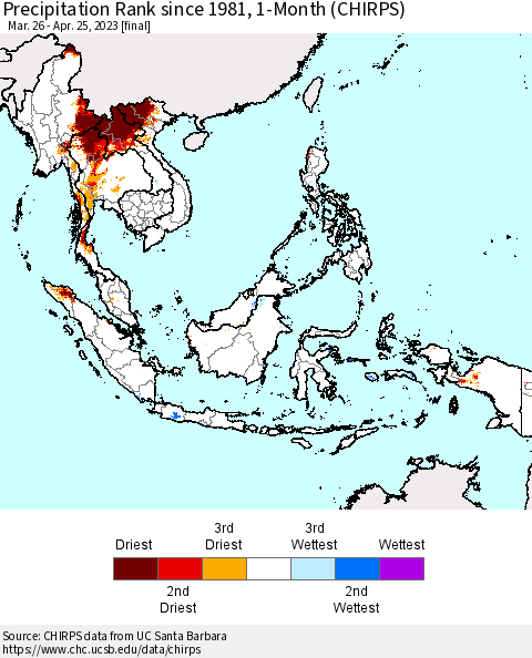 South East Asia Precipitation Rank since 1981, 1-Month (CHIRPS) Thematic Map For 3/26/2023 - 4/25/2023