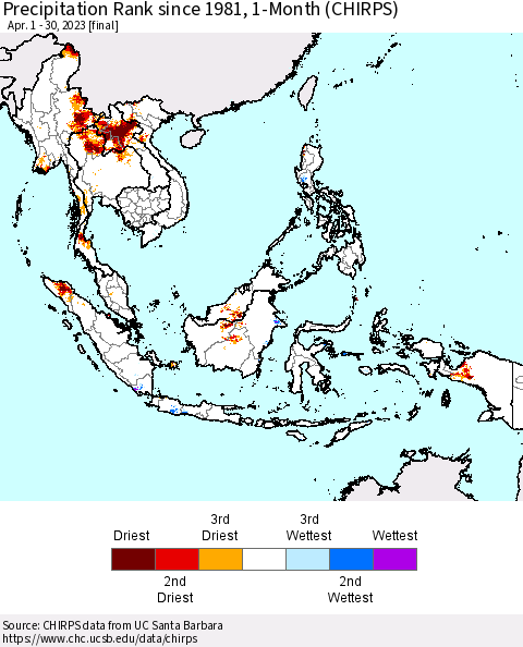 South East Asia Precipitation Rank since 1981, 1-Month (CHIRPS) Thematic Map For 4/1/2023 - 4/30/2023