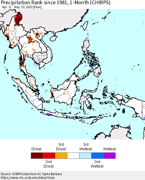 South East Asia Precipitation Rank since 1981, 1-Month (CHIRPS) Thematic Map For 4/11/2023 - 5/10/2023