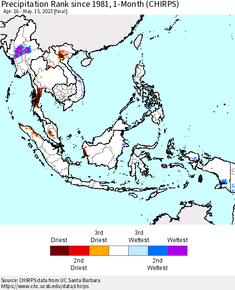 South East Asia Precipitation Rank since 1981, 1-Month (CHIRPS) Thematic Map For 4/16/2023 - 5/15/2023