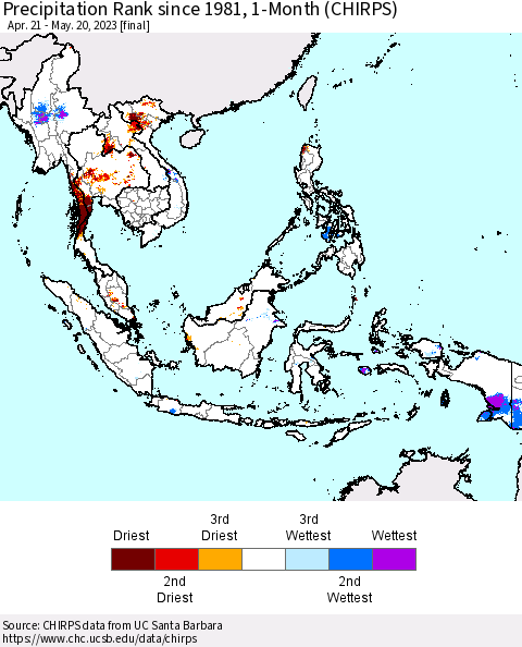 South East Asia Precipitation Rank since 1981, 1-Month (CHIRPS) Thematic Map For 4/21/2023 - 5/20/2023