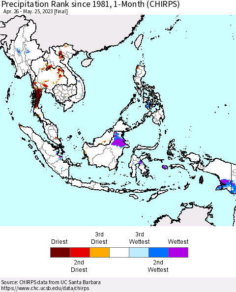 South East Asia Precipitation Rank since 1981, 1-Month (CHIRPS) Thematic Map For 4/26/2023 - 5/25/2023