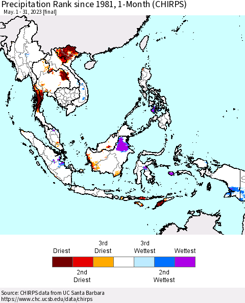 South East Asia Precipitation Rank since 1981, 1-Month (CHIRPS) Thematic Map For 5/1/2023 - 5/31/2023