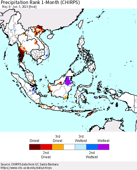 South East Asia Precipitation Rank since 1981, 1-Month (CHIRPS) Thematic Map For 5/6/2023 - 6/5/2023