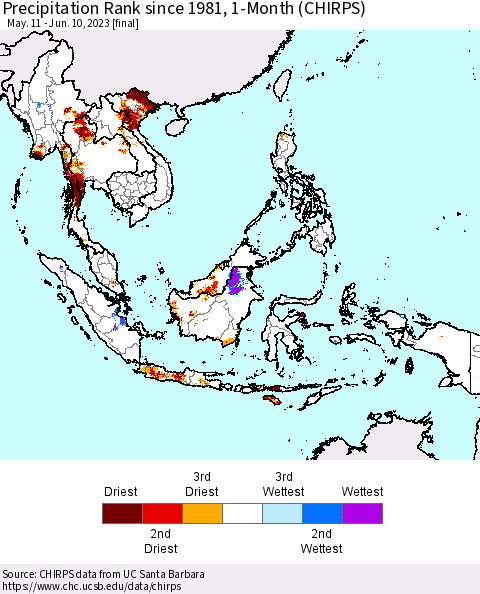 South East Asia Precipitation Rank since 1981, 1-Month (CHIRPS) Thematic Map For 5/11/2023 - 6/10/2023
