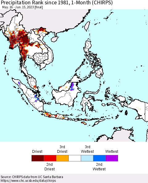 South East Asia Precipitation Rank since 1981, 1-Month (CHIRPS) Thematic Map For 5/16/2023 - 6/15/2023