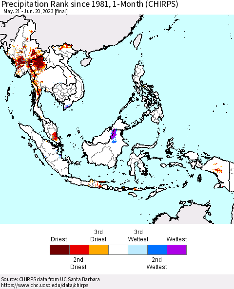 South East Asia Precipitation Rank since 1981, 1-Month (CHIRPS) Thematic Map For 5/21/2023 - 6/20/2023