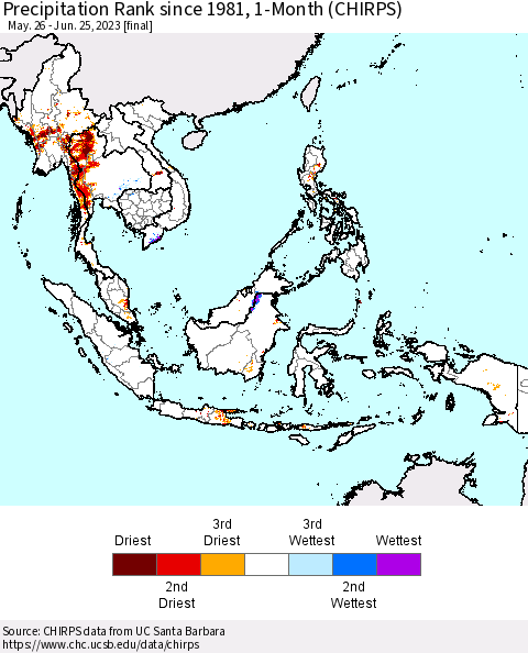 South East Asia Precipitation Rank since 1981, 1-Month (CHIRPS) Thematic Map For 5/26/2023 - 6/25/2023
