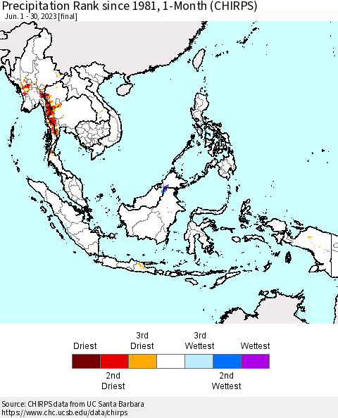 South East Asia Precipitation Rank since 1981, 1-Month (CHIRPS) Thematic Map For 6/1/2023 - 6/30/2023