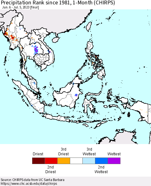 South East Asia Precipitation Rank since 1981, 1-Month (CHIRPS) Thematic Map For 6/6/2023 - 7/5/2023