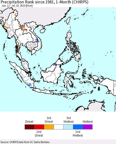 South East Asia Precipitation Rank since 1981, 1-Month (CHIRPS) Thematic Map For 6/11/2023 - 7/10/2023