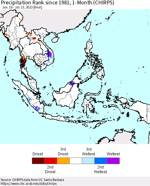 South East Asia Precipitation Rank since 1981, 1-Month (CHIRPS) Thematic Map For 6/16/2023 - 7/15/2023