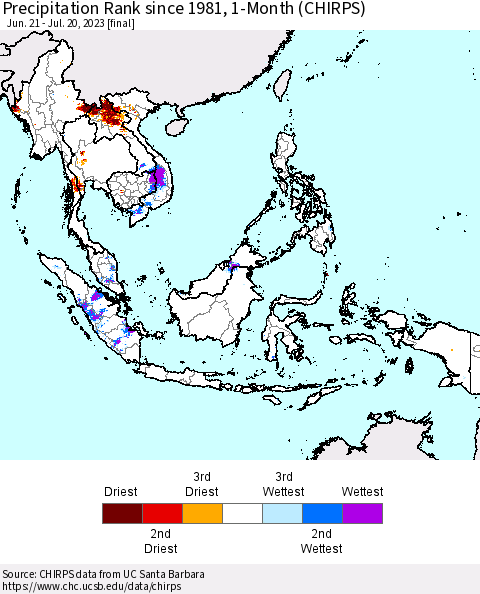 South East Asia Precipitation Rank since 1981, 1-Month (CHIRPS) Thematic Map For 6/21/2023 - 7/20/2023