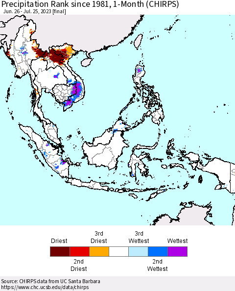 South East Asia Precipitation Rank since 1981, 1-Month (CHIRPS) Thematic Map For 6/26/2023 - 7/25/2023