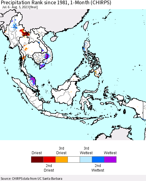 South East Asia Precipitation Rank since 1981, 1-Month (CHIRPS) Thematic Map For 7/6/2023 - 8/5/2023