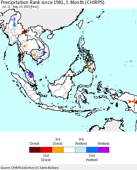 South East Asia Precipitation Rank since 1981, 1-Month (CHIRPS) Thematic Map For 7/11/2023 - 8/10/2023