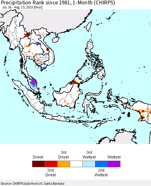 South East Asia Precipitation Rank since 1981, 1-Month (CHIRPS) Thematic Map For 7/16/2023 - 8/15/2023