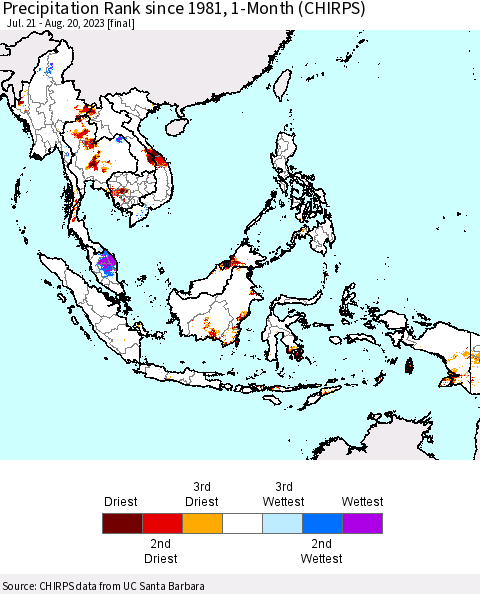 South East Asia Precipitation Rank since 1981, 1-Month (CHIRPS) Thematic Map For 7/21/2023 - 8/20/2023