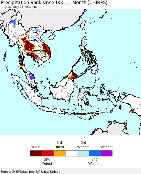 South East Asia Precipitation Rank since 1981, 1-Month (CHIRPS) Thematic Map For 7/26/2023 - 8/25/2023