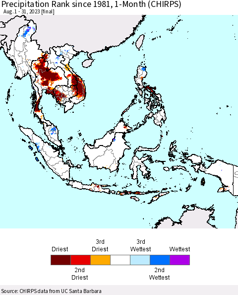 South East Asia Precipitation Rank since 1981, 1-Month (CHIRPS) Thematic Map For 8/1/2023 - 8/31/2023