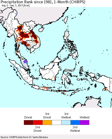 South East Asia Precipitation Rank since 1981, 1-Month (CHIRPS) Thematic Map For 8/6/2023 - 9/5/2023