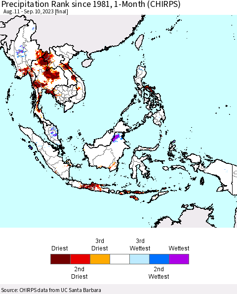 South East Asia Precipitation Rank since 1981, 1-Month (CHIRPS) Thematic Map For 8/11/2023 - 9/10/2023
