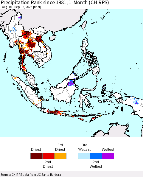South East Asia Precipitation Rank since 1981, 1-Month (CHIRPS) Thematic Map For 8/16/2023 - 9/15/2023