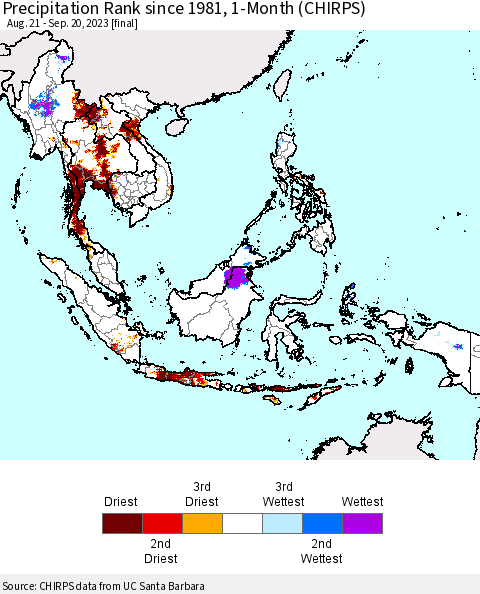 South East Asia Precipitation Rank since 1981, 1-Month (CHIRPS) Thematic Map For 8/21/2023 - 9/20/2023