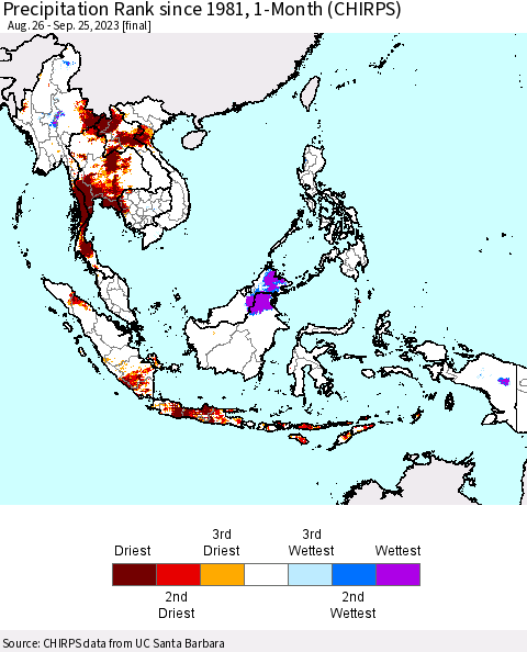 South East Asia Precipitation Rank since 1981, 1-Month (CHIRPS) Thematic Map For 8/26/2023 - 9/25/2023