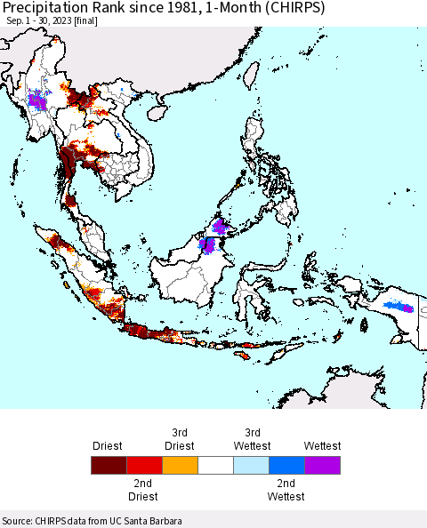 South East Asia Precipitation Rank since 1981, 1-Month (CHIRPS) Thematic Map For 9/1/2023 - 9/30/2023