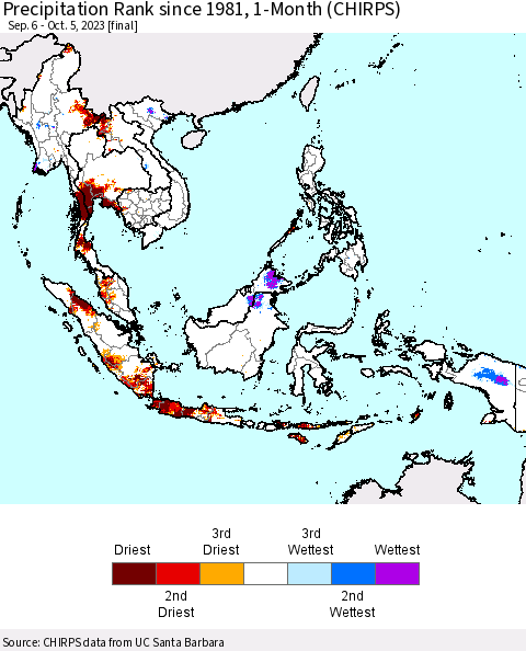 South East Asia Precipitation Rank since 1981, 1-Month (CHIRPS) Thematic Map For 9/6/2023 - 10/5/2023