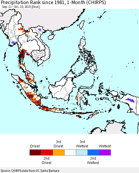 South East Asia Precipitation Rank since 1981, 1-Month (CHIRPS) Thematic Map For 9/11/2023 - 10/10/2023