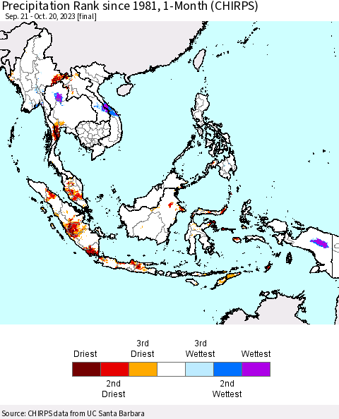 South East Asia Precipitation Rank since 1981, 1-Month (CHIRPS) Thematic Map For 9/21/2023 - 10/20/2023