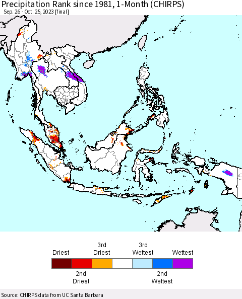 South East Asia Precipitation Rank since 1981, 1-Month (CHIRPS) Thematic Map For 9/26/2023 - 10/25/2023