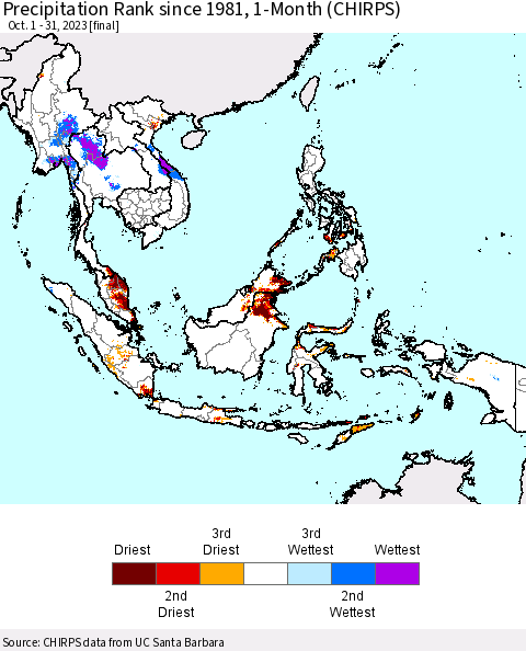South East Asia Precipitation Rank since 1981, 1-Month (CHIRPS) Thematic Map For 10/1/2023 - 10/31/2023