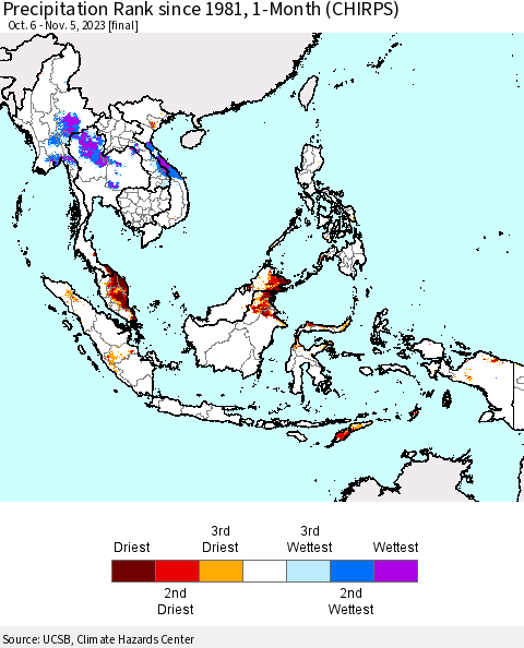 South East Asia Precipitation Rank since 1981, 1-Month (CHIRPS) Thematic Map For 10/6/2023 - 11/5/2023
