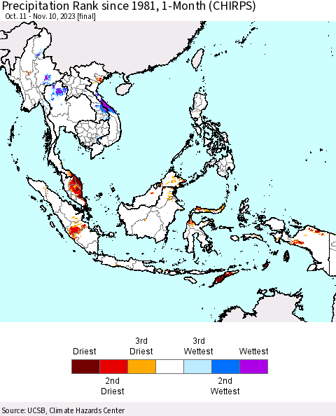 South East Asia Precipitation Rank since 1981, 1-Month (CHIRPS) Thematic Map For 10/11/2023 - 11/10/2023
