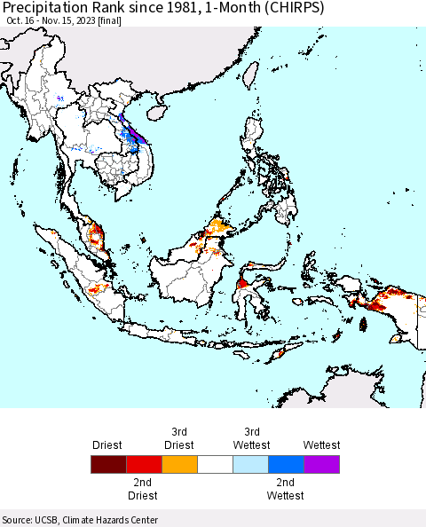 South East Asia Precipitation Rank since 1981, 1-Month (CHIRPS) Thematic Map For 10/16/2023 - 11/15/2023