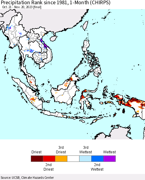 South East Asia Precipitation Rank since 1981, 1-Month (CHIRPS) Thematic Map For 10/21/2023 - 11/20/2023