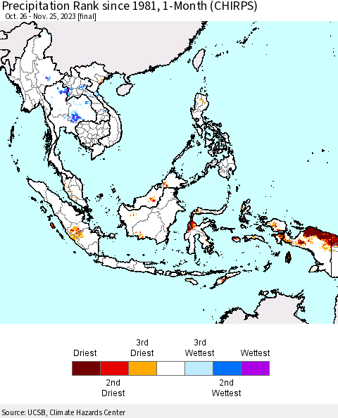 South East Asia Precipitation Rank since 1981, 1-Month (CHIRPS) Thematic Map For 10/26/2023 - 11/25/2023