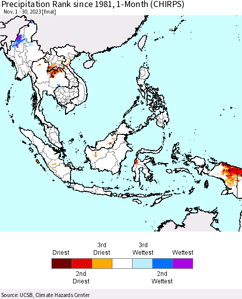 South East Asia Precipitation Rank since 1981, 1-Month (CHIRPS) Thematic Map For 11/1/2023 - 11/30/2023