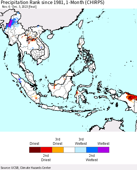 South East Asia Precipitation Rank since 1981, 1-Month (CHIRPS) Thematic Map For 11/6/2023 - 12/5/2023