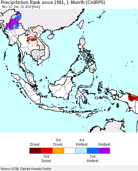 South East Asia Precipitation Rank since 1981, 1-Month (CHIRPS) Thematic Map For 11/11/2023 - 12/10/2023