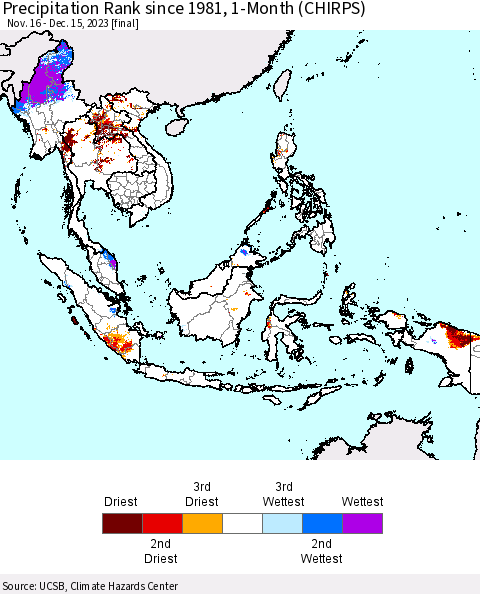 South East Asia Precipitation Rank since 1981, 1-Month (CHIRPS) Thematic Map For 11/16/2023 - 12/15/2023