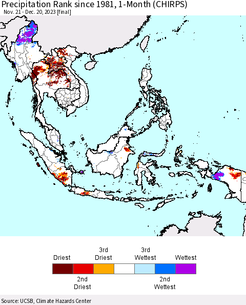 South East Asia Precipitation Rank since 1981, 1-Month (CHIRPS) Thematic Map For 11/21/2023 - 12/20/2023