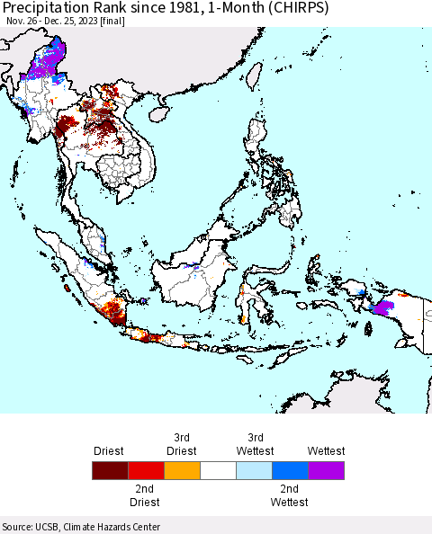 South East Asia Precipitation Rank since 1981, 1-Month (CHIRPS) Thematic Map For 11/26/2023 - 12/25/2023