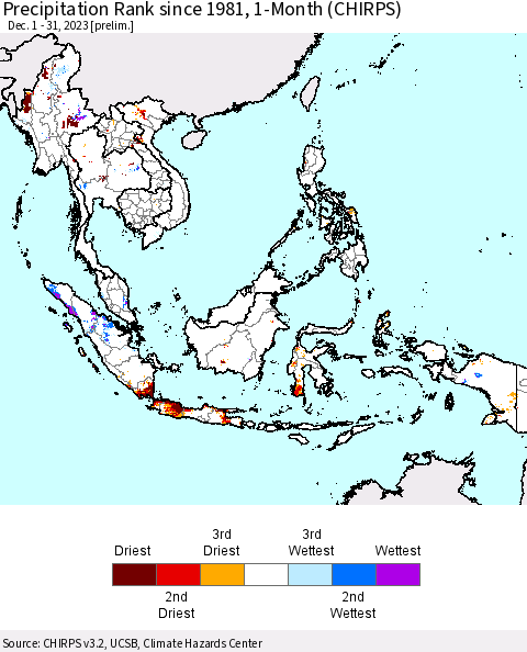 South East Asia Precipitation Rank since 1981, 1-Month (CHIRPS) Thematic Map For 12/1/2023 - 12/31/2023