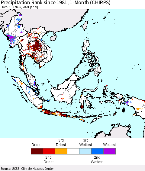 South East Asia Precipitation Rank since 1981, 1-Month (CHIRPS) Thematic Map For 12/6/2023 - 1/5/2024